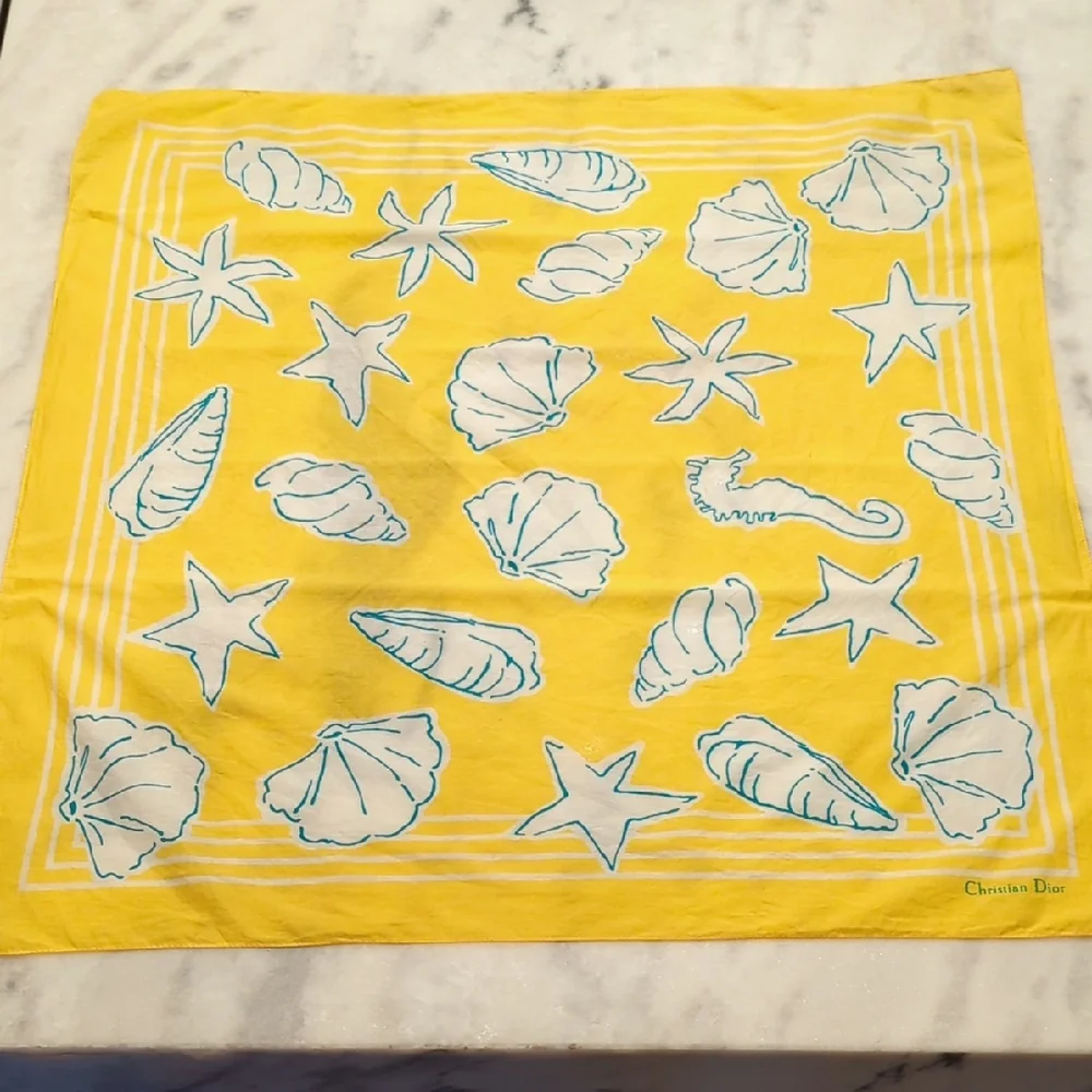 Vintage Christian Dior Marine Yellow, White And Aqua Blue Cotton Scarf 30